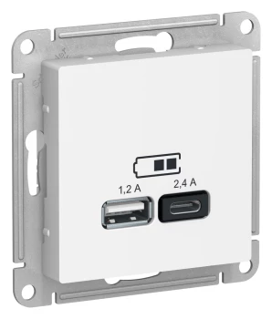Розетка USB 2-ая Тип А+С, 2400 мА (для подзарядки), Белый, серия Atlas Design, Schneider Electric